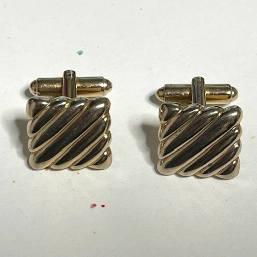 VTG Gold Tone Square Shaped Striped Ribbon Style Cuff Links Retro Gift